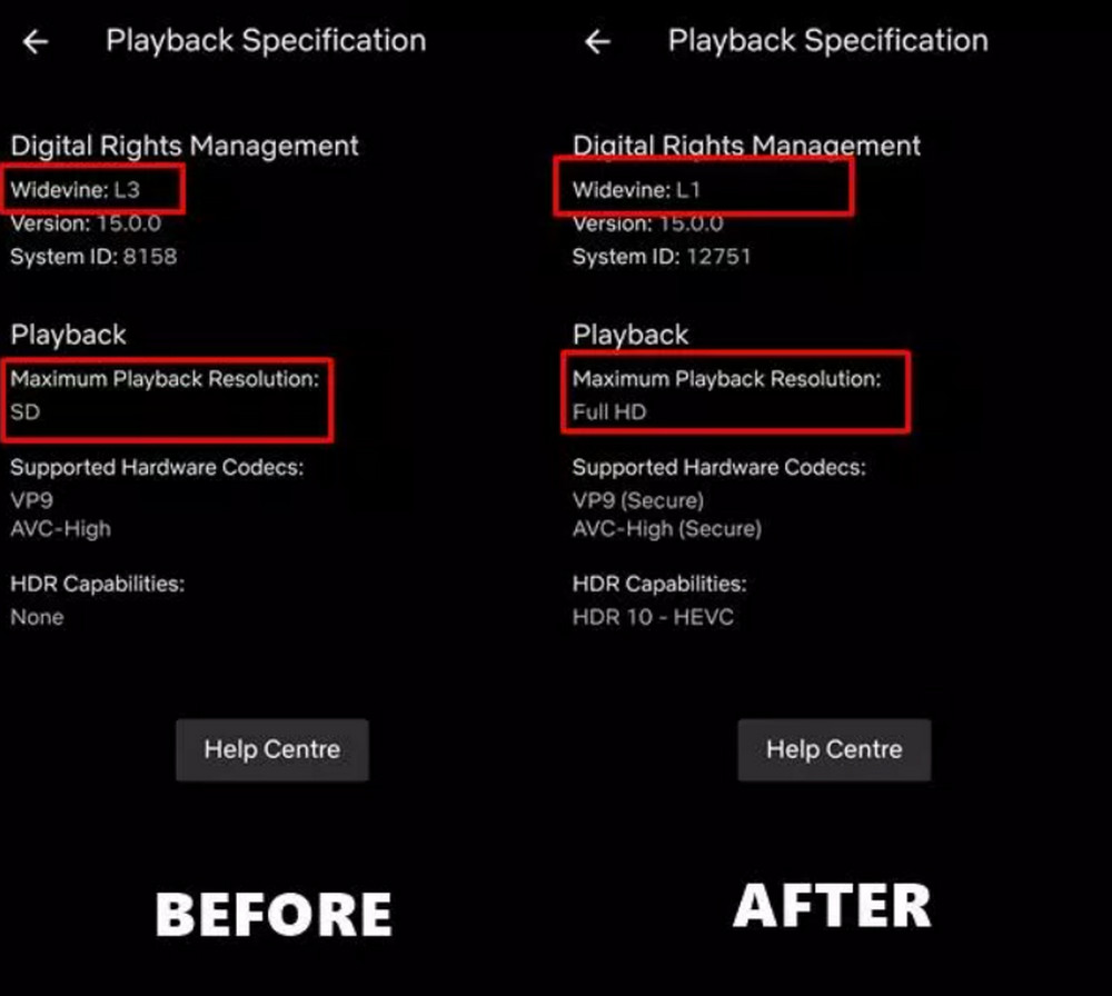 differences on the same device when upgraded from widevine l3 to widevine leak l1