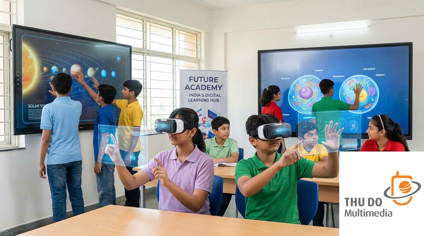 The Ultimate Guide to EdTech in India: Trends & Growth 6 Một chuyên gia trẻ người Ấn Độ đang nhìn vào màn hình máy tính xách tay hiển thị các huy hiệu kỹ thuật số và biểu đồ kỹ năng công nghệ
