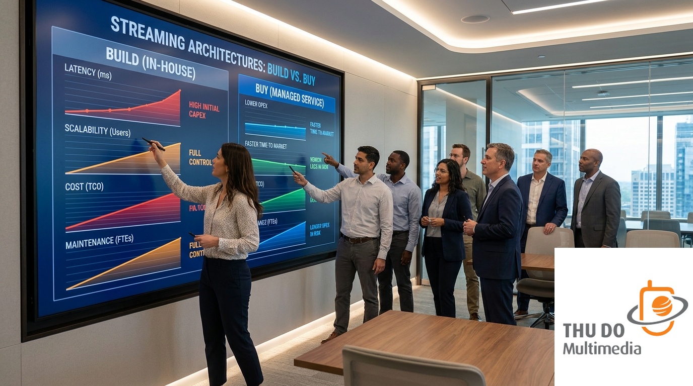 Mastery of Low Latency Live Streaming OTT in 2026 3 Media executives reviewing streaming architecture and cost analytics dashboards