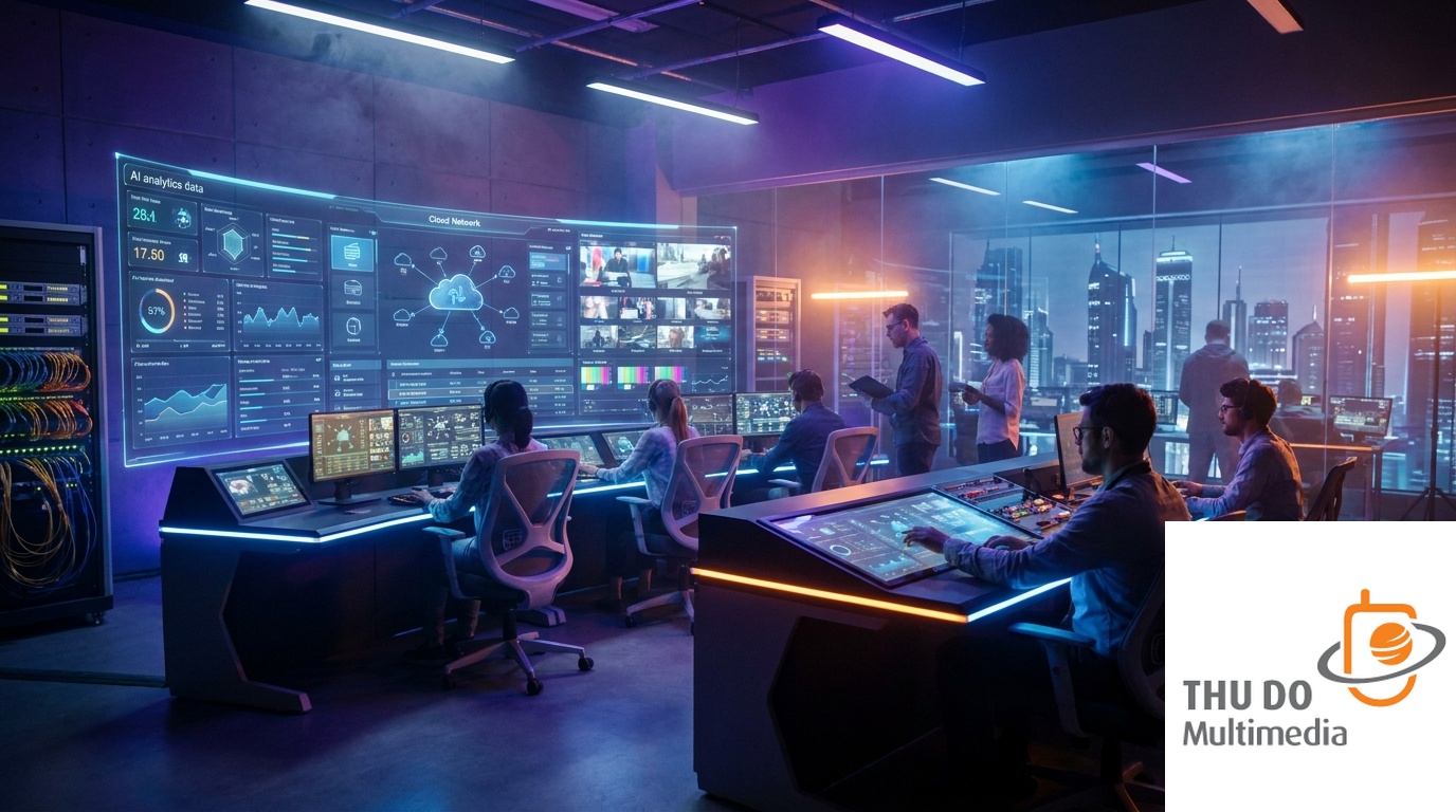 The Future of Broadcasting in 2027: How AI and Cloud-Native Workflows Are Reshaping TV 7 A futuristic broadcasting control room powered by AI and cloud technology