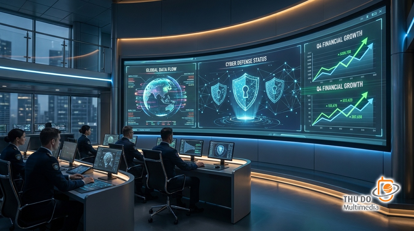Next-Gen DRM: Anticipating Revenue Protection Challenges for Premium OTT Content in 2027 7 A futuristic digital dashboard showing global streaming data, cyber security shields, and financial growth charts in a high-tech corporate control room