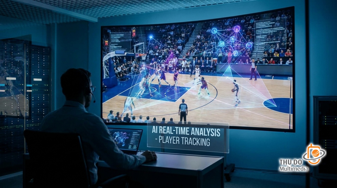 Next-Gen DRM: Anticipating Revenue Protection Challenges for Premium OTT Content in 2027 8 A visual representation of Artificial Intelligence analyzing streaming video data, with glowing neural network nodes overlaying a live sports broadcast screen