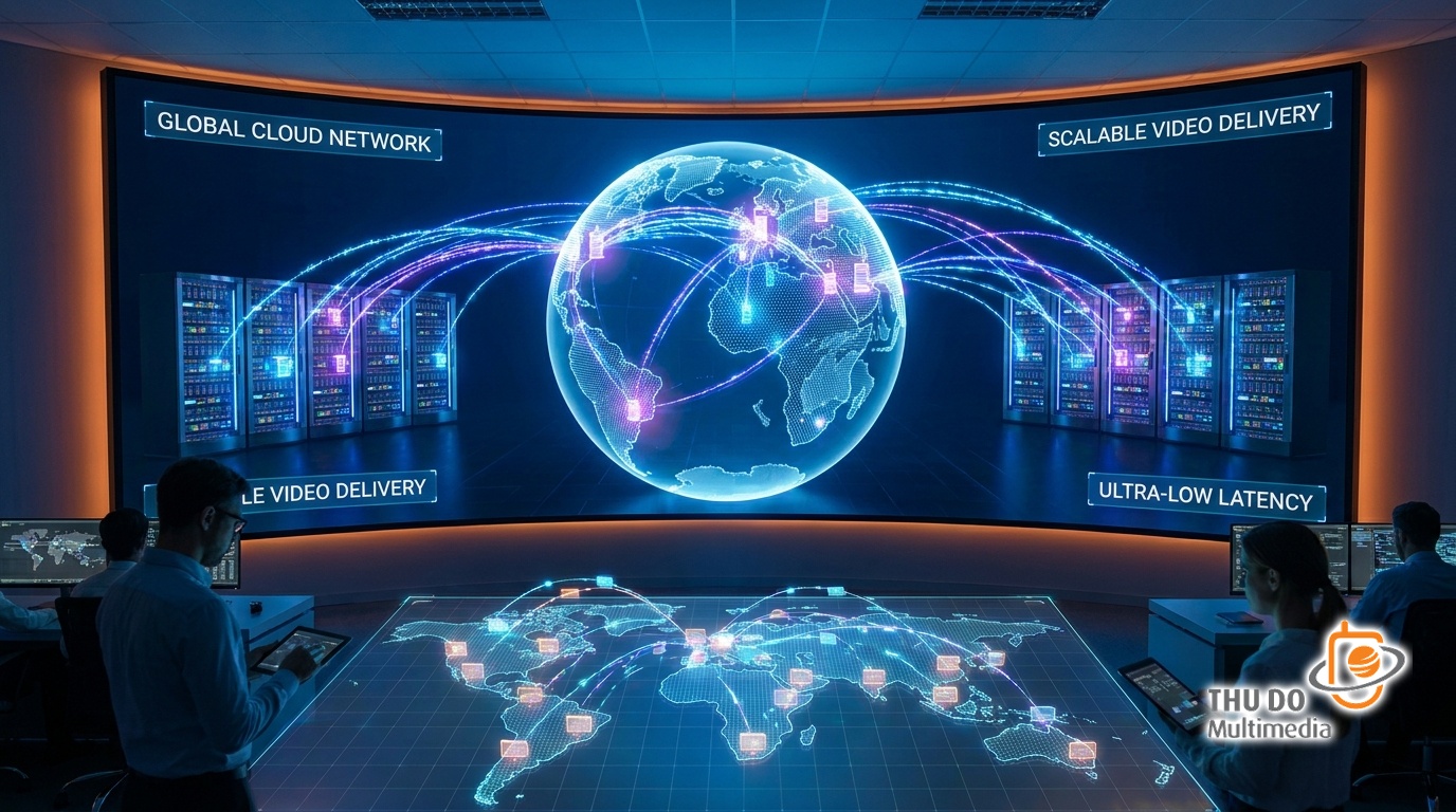 Next-Gen DRM: Anticipating Revenue Protection Challenges for Premium OTT Content in 2027 9 A visual concept of cloud computing architecture with glowing data streams connecting global server nodes, representing high-speed scalable video delivery