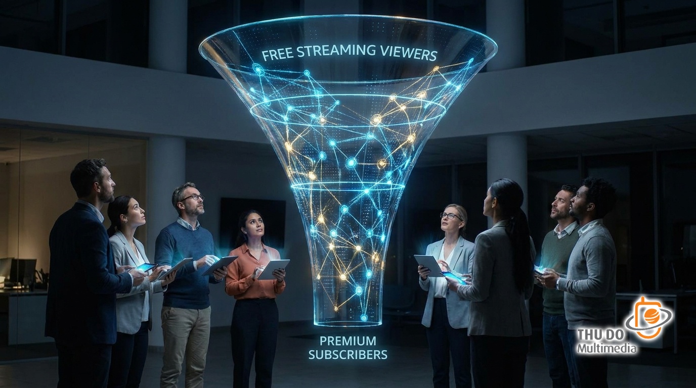 A conceptual digital marketing funnel illustrating the conversion of free streaming viewers into premium subscribers with data nodes