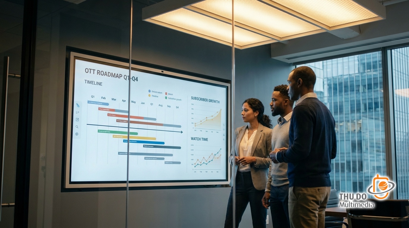 Corporate broadcast executives analyzing an OTT roadmap and streaming growth metrics on a digital whiteboard