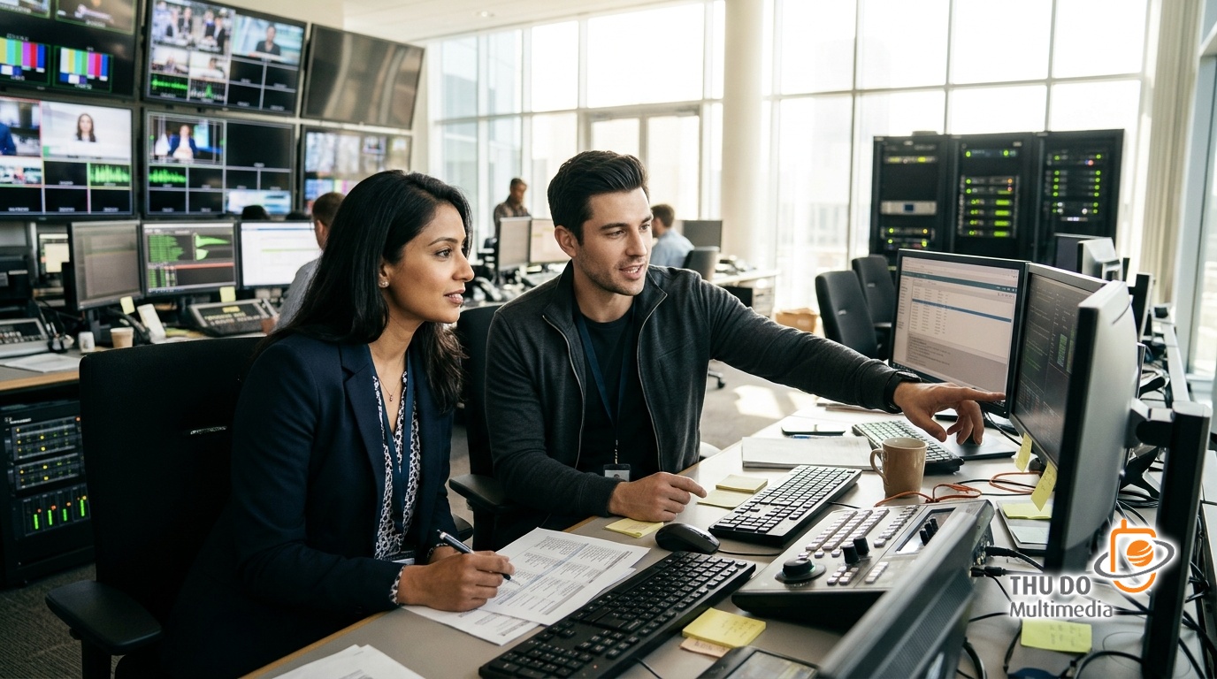 A broadcast engineer analyzing multi-signal verification data in a sunlit modern media office