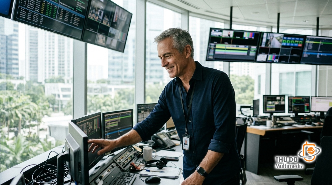 A broadcast engineer monitoring cloud playout systems in a modern Singapore facility.