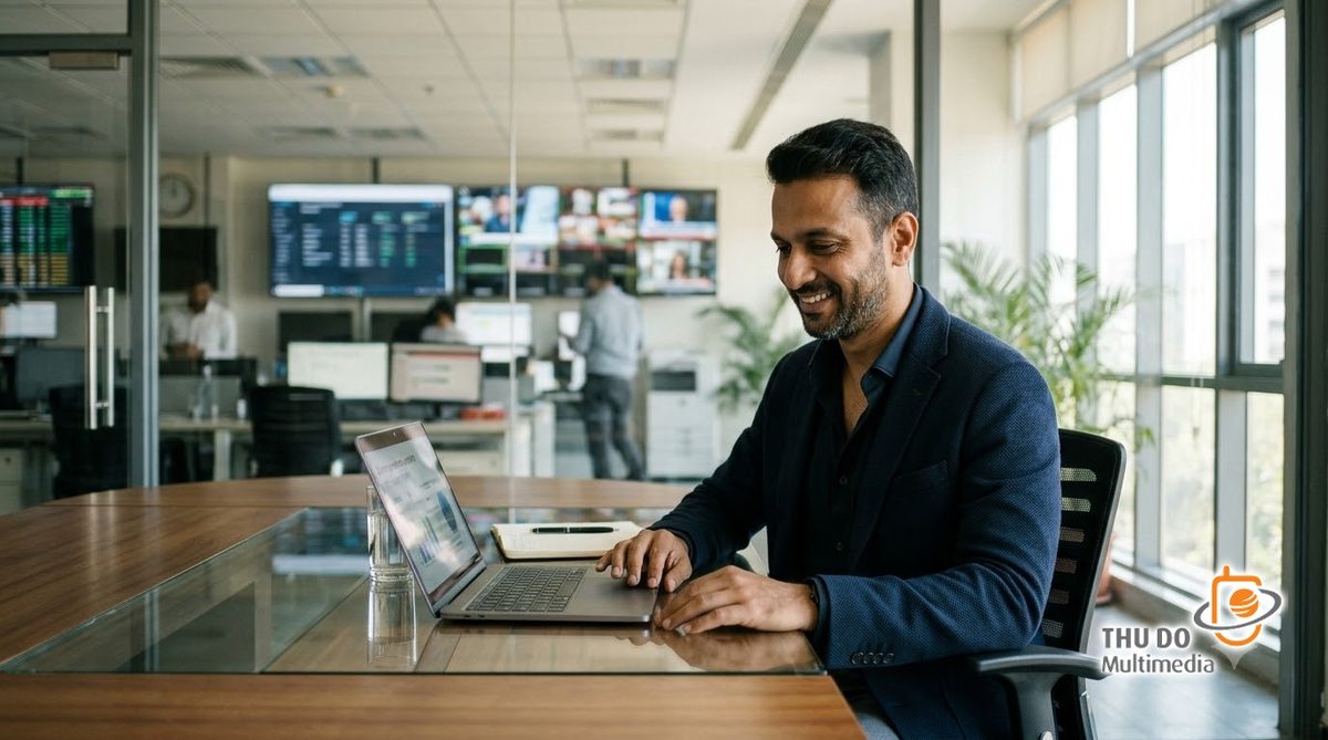 A charismatic South Asian tech executive analyzing market projections in a sunlit Bengaluru media facility A charismatic South Asian tech executive analyzing market projections in a sunlit Bengaluru media facility