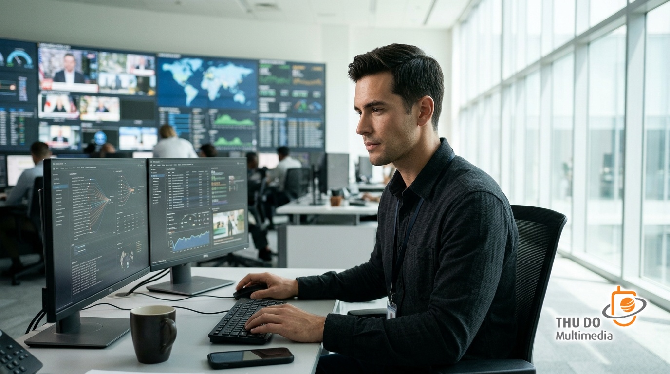 A compliance specialist monitoring edge-level CDN policy enforcement in a bright tech office