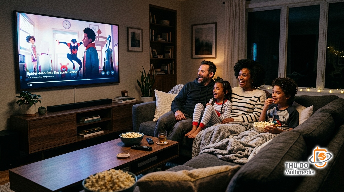 A family experiencing high-quality streaming on a smart TV.