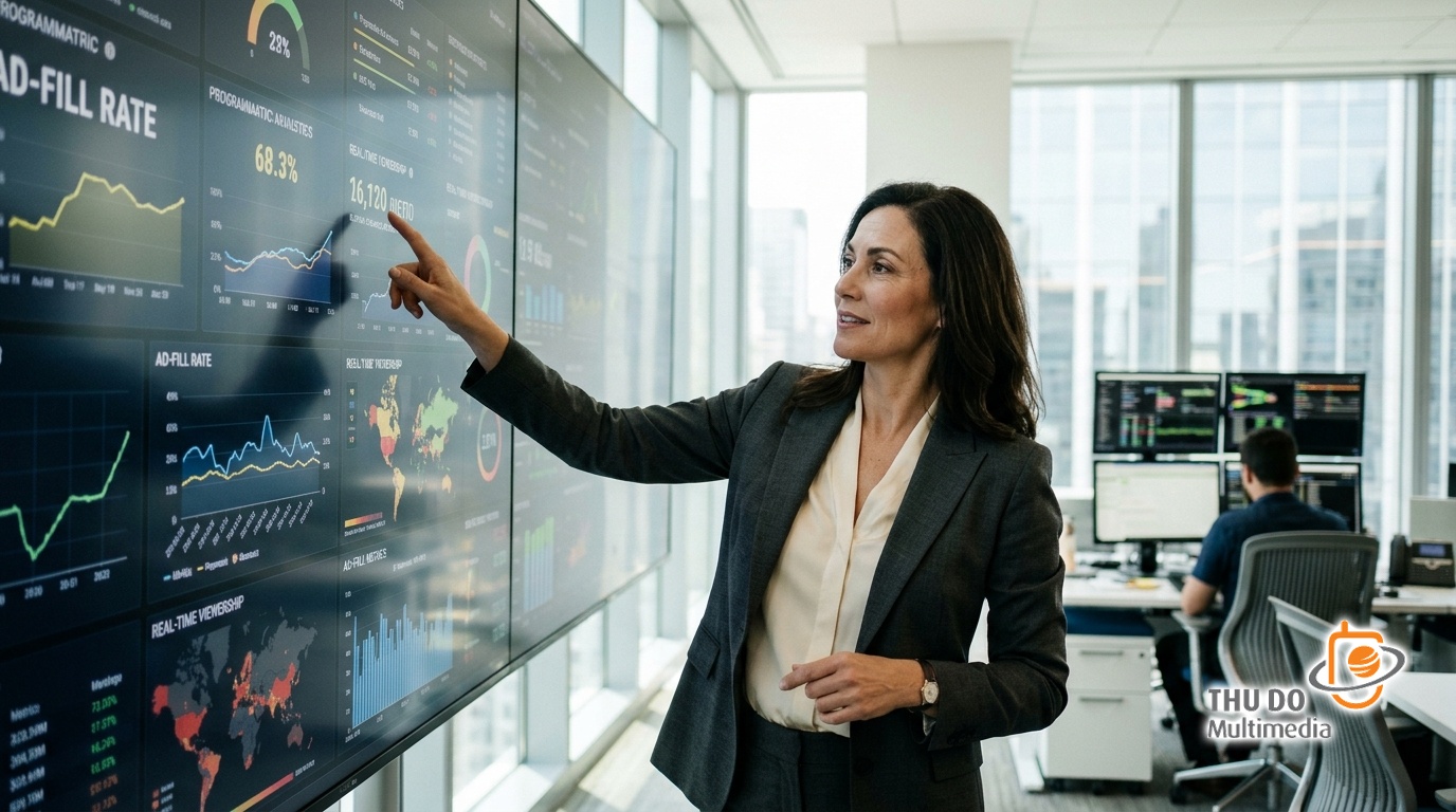 A female media strategist analyzing real-time programmatic ad monetization dashboards in a sunlit executive suite.