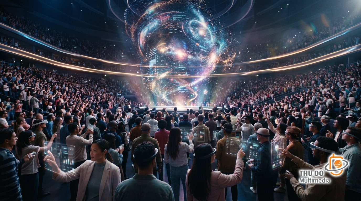 A futuristic perspective of audiences engaging with dynamic content via spatial computing.