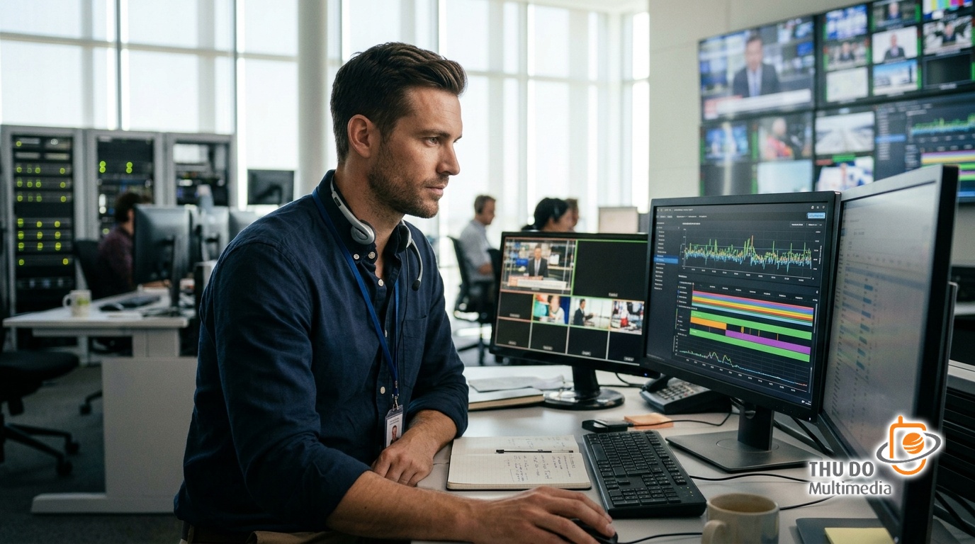 A male broadcast engineer monitoring global Connected TV streaming distribution metrics in a bright contemporary office.