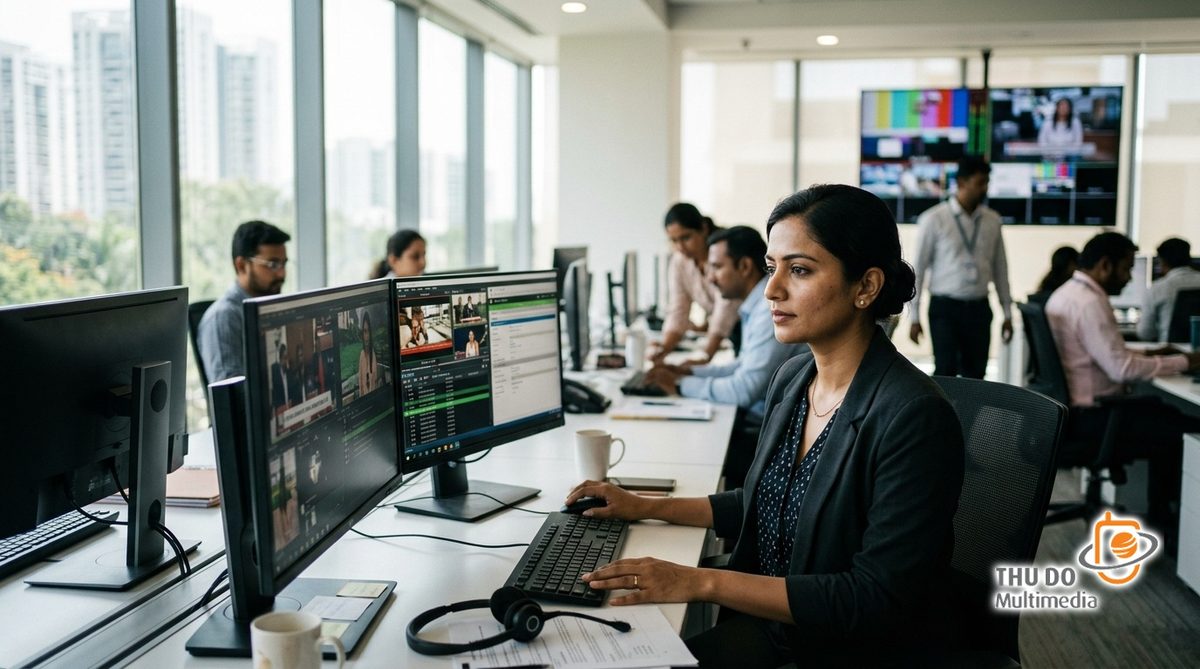 A media compliance officer reviewing regulatory guidelines in a modern corporate office. A media compliance officer reviewing regulatory guidelines in a modern corporate office.