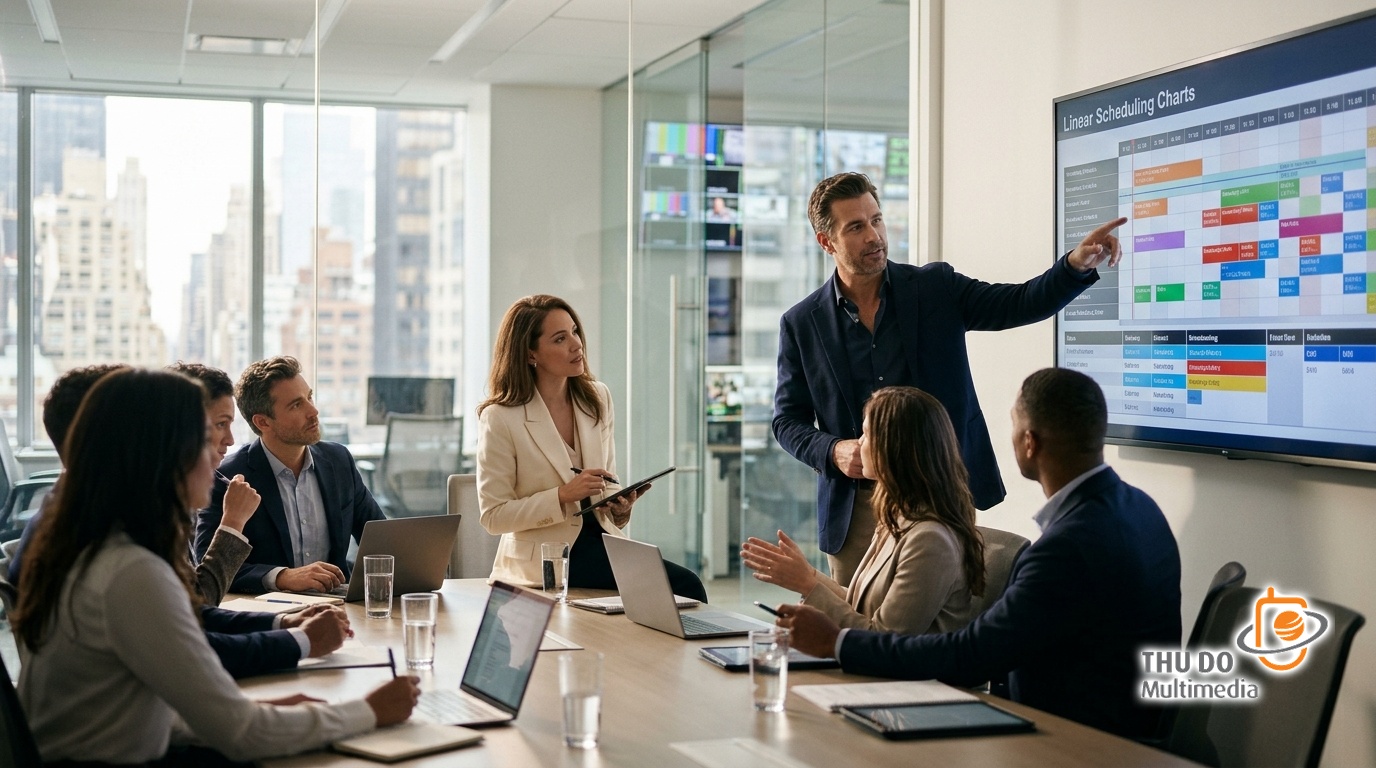 A media distribution director leading a strategy meeting in New York.