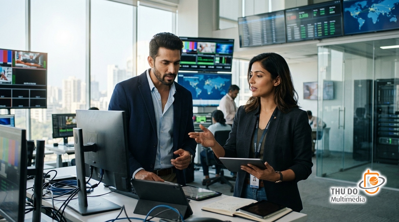 A media executive reviewing 2030 streaming growth projections in a modern Mumbai tech workspace.