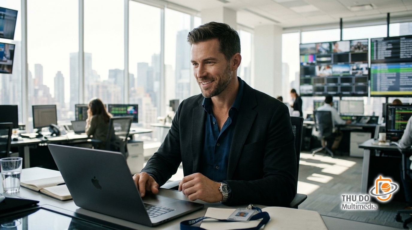 A media executive reviewing digital broadcast workflows in a modern, light-filled control center.