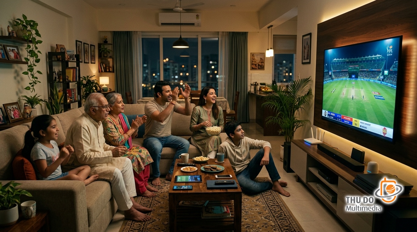 A modern Indian family enjoying live sports on their newly installed Connected TV. A modern Indian family enjoying live sports on their newly installed Connected TV.