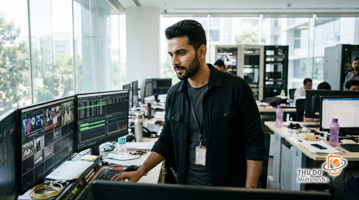 A professional South Asian broadcast engineer monitoring network performance in a modern New Delhi facility A professional South Asian broadcast engineer monitoring network performance in a modern New Delhi facility
