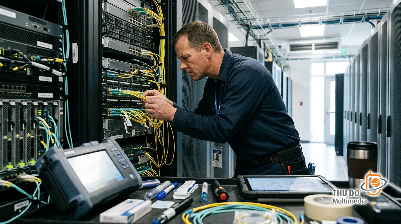 A systems engineer testing multi-CDN hardware and server interconnects for zero-latency video orchestration. A systems engineer testing multi-CDN hardware and server interconnects for zero-latency video orchestration.