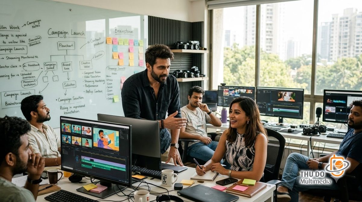 An elegant South Asian creative director collaborating with media professionals in a sunlit Mumbai studio An elegant South Asian creative director collaborating with media professionals in a sunlit Mumbai studio