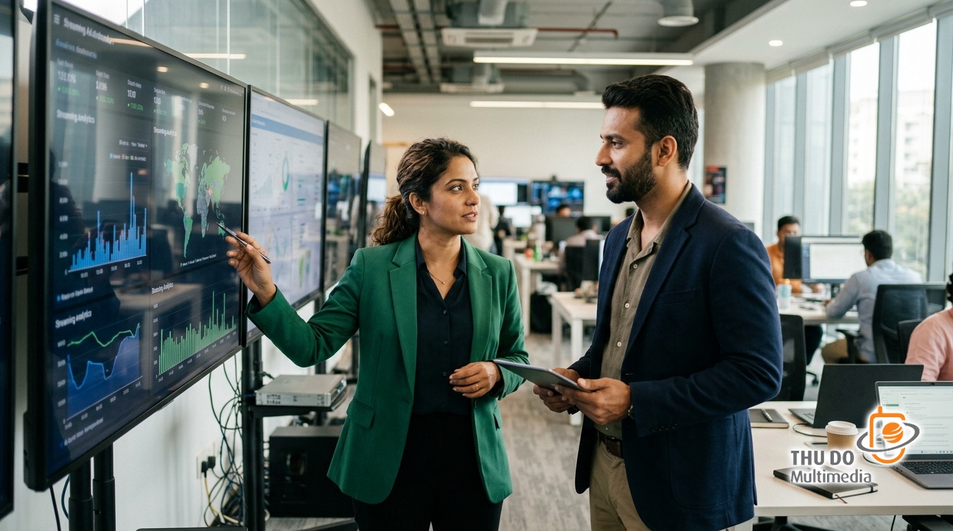 Broadcast director analyzing digital ad metrics in a modern Bengaluru office Broadcast director analyzing digital ad metrics in a modern Bengaluru office