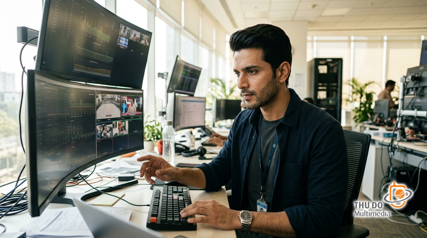 Broadcast engineer managing 5G streaming infrastructure in a modern Chennai control room