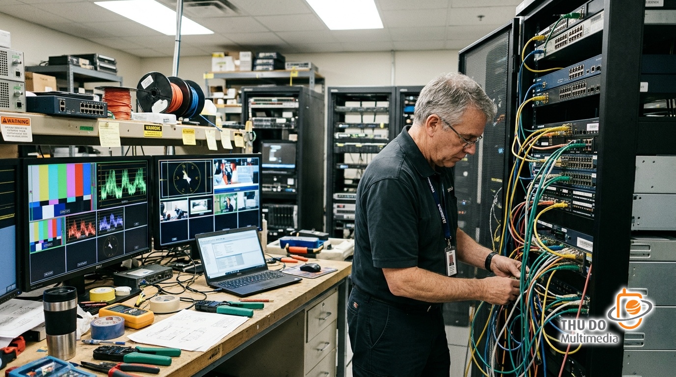 Broadcast engineer testing video transmission stability and server hardware in a technical lab. Broadcast engineer testing video transmission stability and server hardware in a technical lab.
