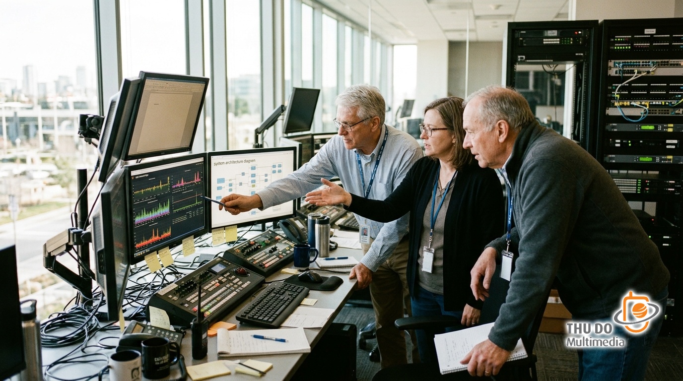 Broadcast engineers analyzing real-time streaming telemetry and QoS metrics during a live sports broadcast simulation. Broadcast engineers analyzing real-time streaming telemetry and QoS metrics during a live sports broadcast simulation.