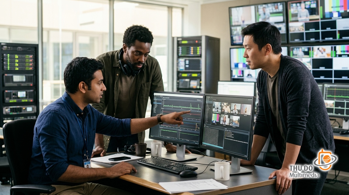 Broadcast engineers collaborating on video streaming security workflows in a modern control room
