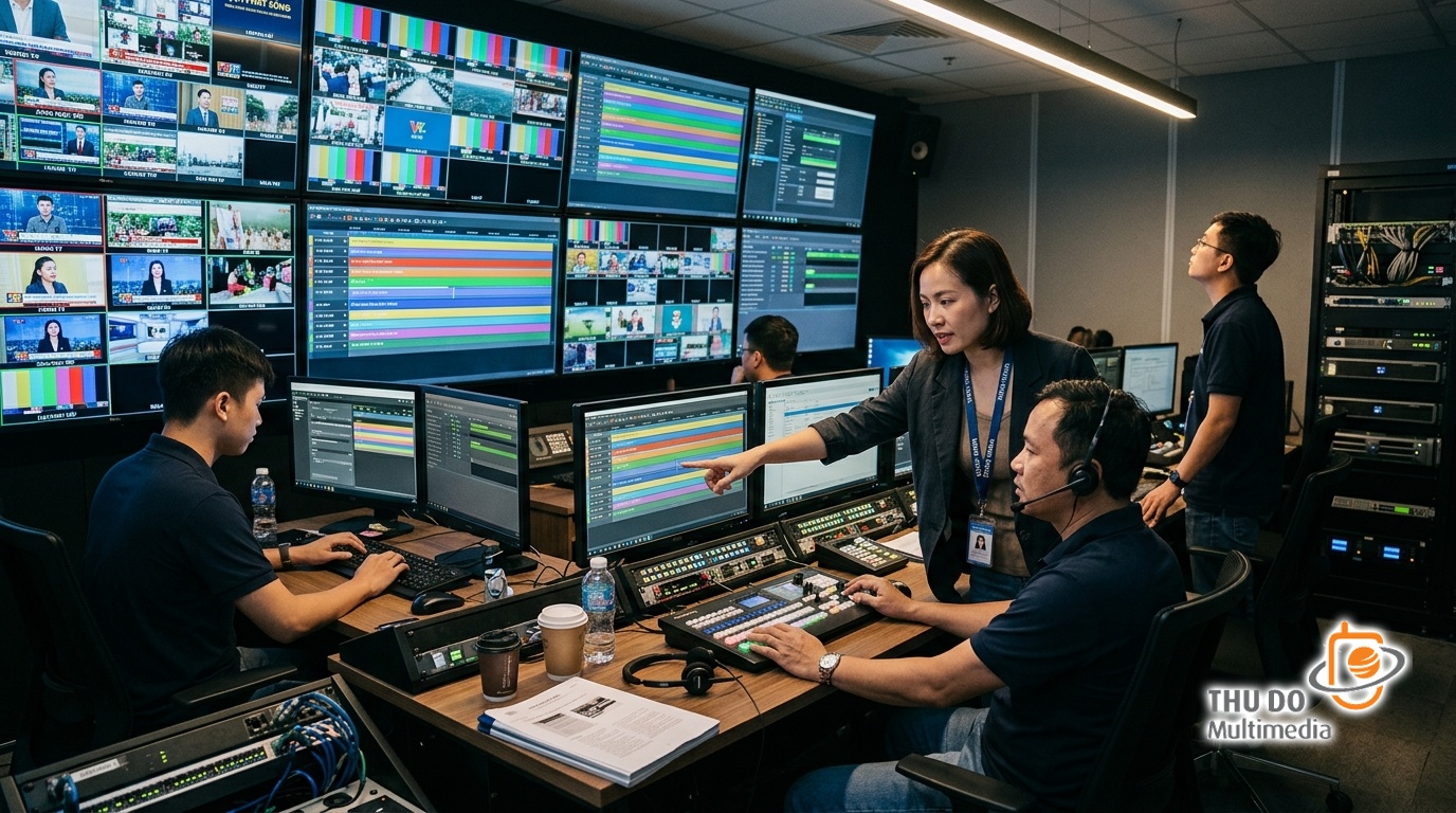 Broadcast engineers managing automated linear channel workflows in a high-tech media control room Broadcast engineers managing automated linear channel workflows in a high-tech media control room