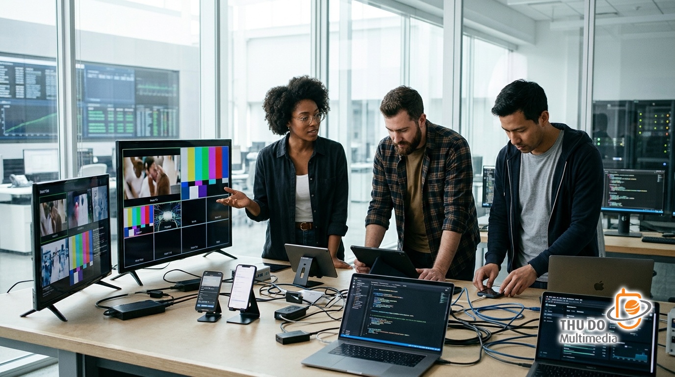 Broadcast engineers testing multi-protocol CMAF video playback across diverse client devices. Broadcast engineers testing multi-protocol CMAF video playback across diverse client devices.
