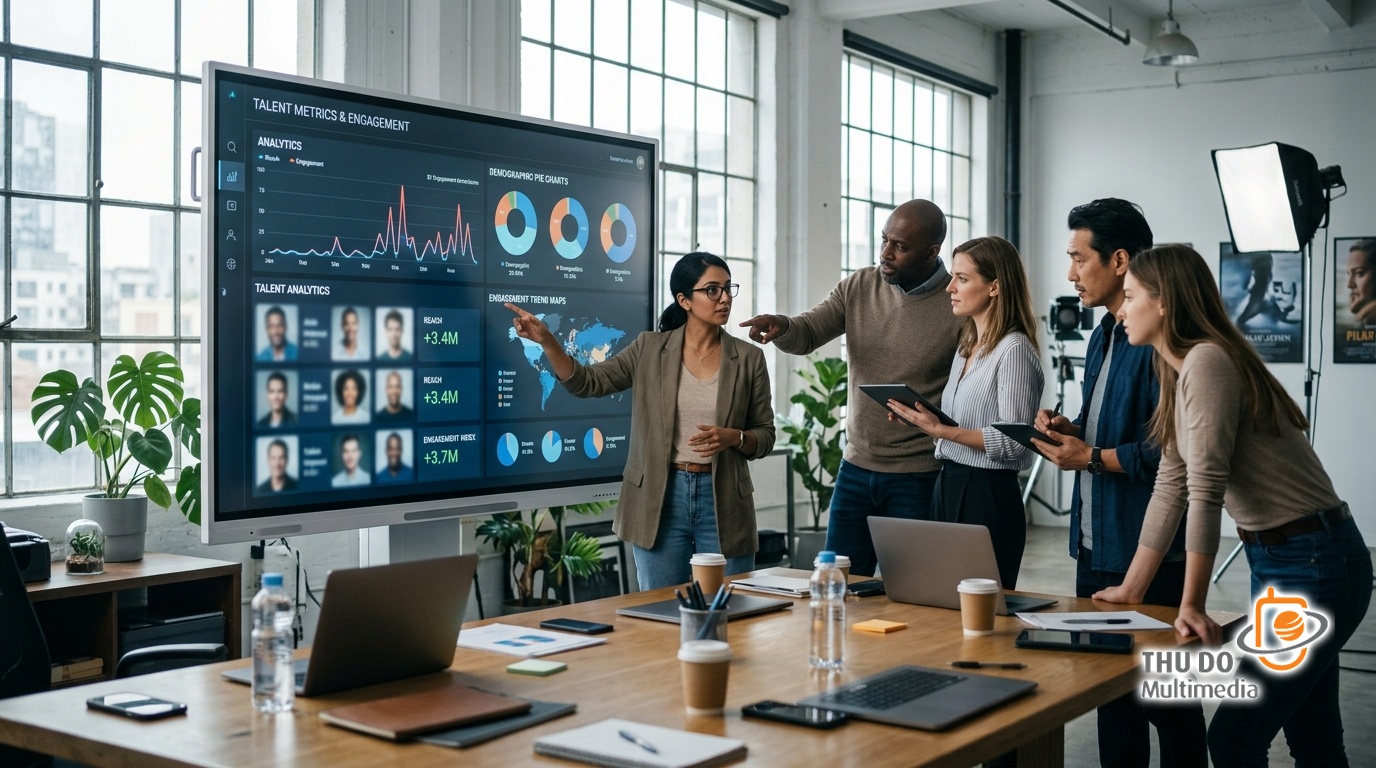 Casting directors and data scientists collaborating over talent valuation metrics.