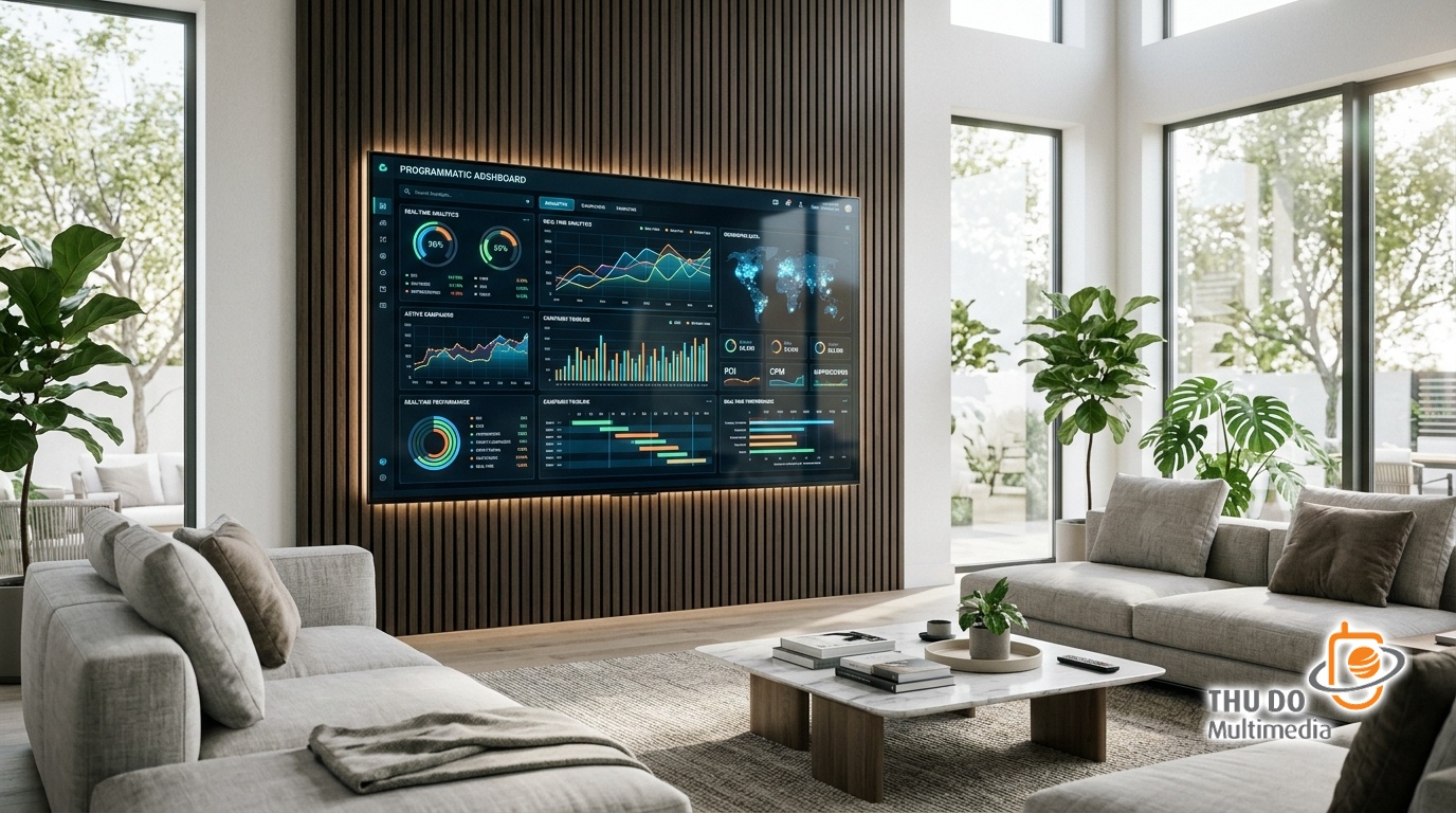 Connected TV interface displaying real-time programmatic ad delivery metrics in a contemporary living space Connected TV interface displaying real-time programmatic ad delivery metrics in a contemporary living space