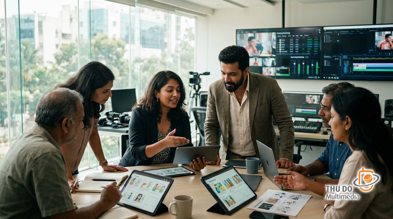 Creative directors collaborating on regional content in a modern Bengaluru studio