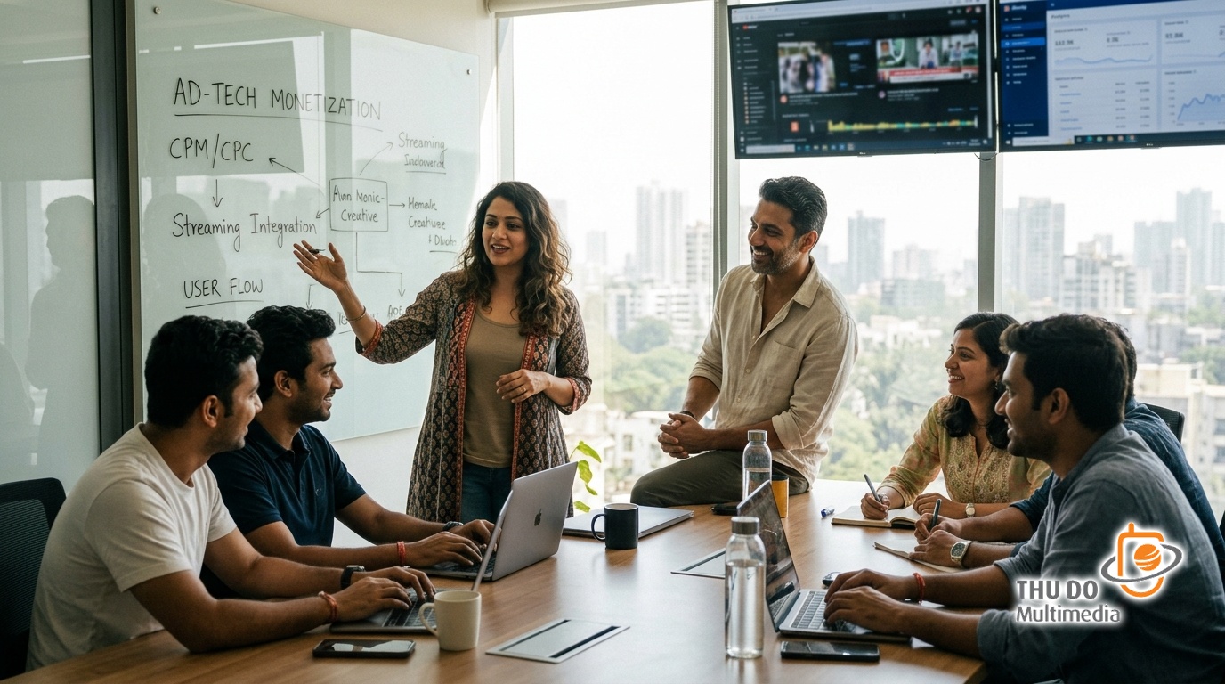 Creative media executives discussing digital advertising strategies in a sunlit Mumbai office.