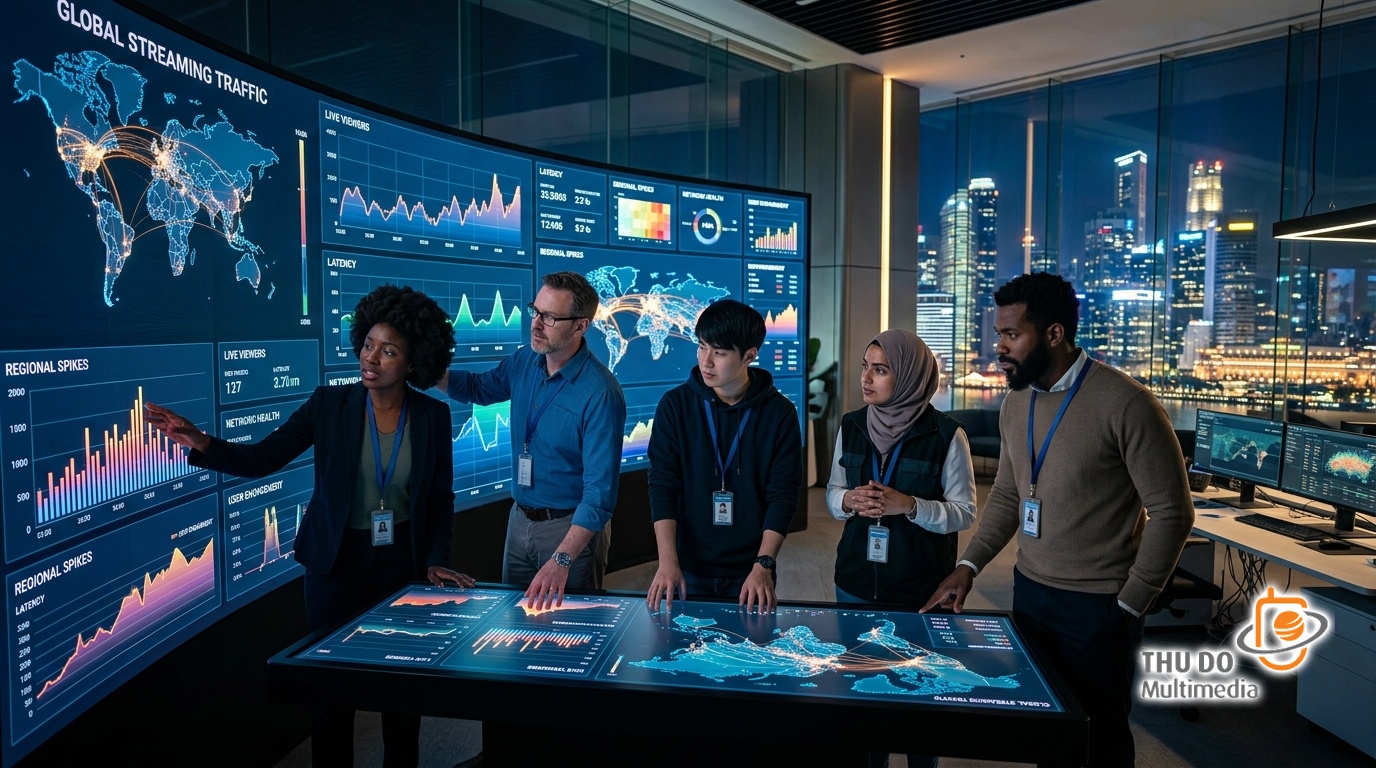 Diverse tech teams analyzing global streaming data.