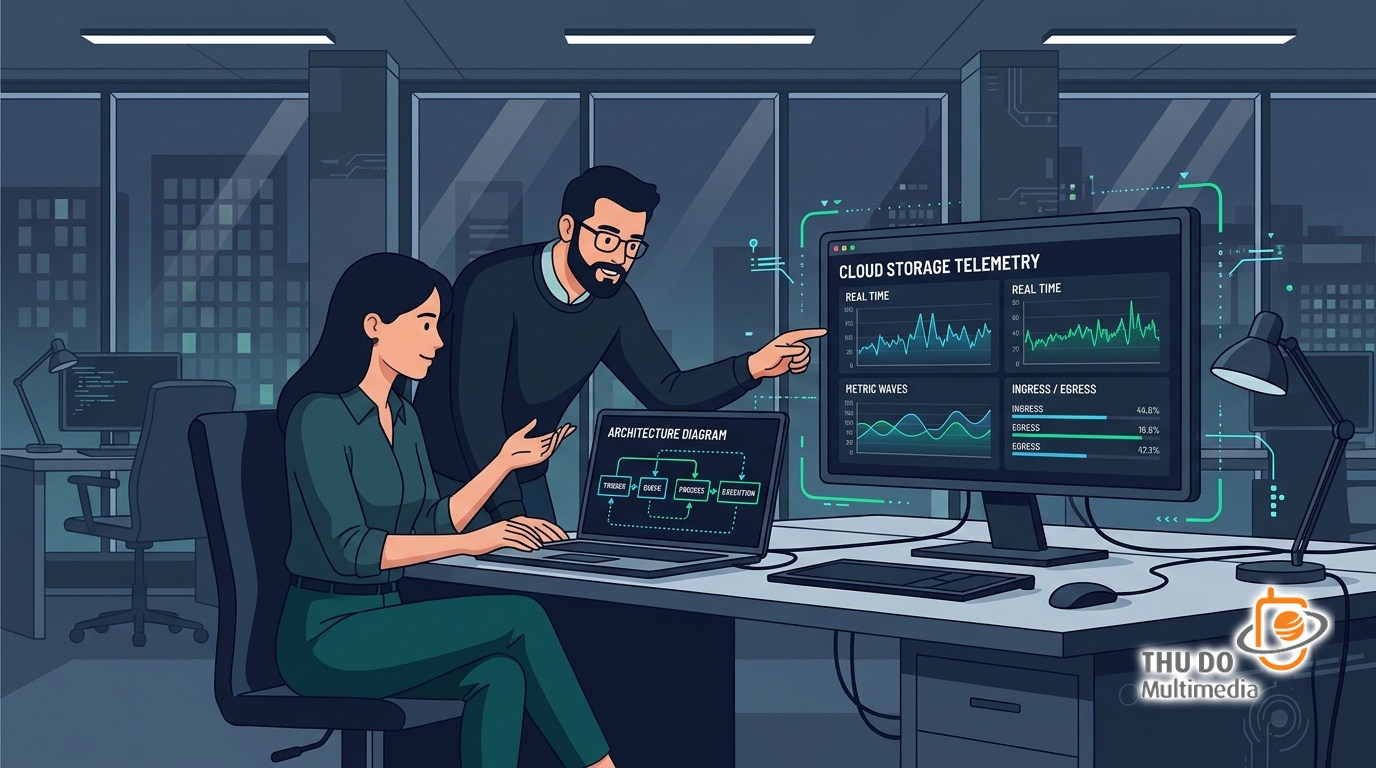 Engineers reviewing cloud storage consumption and video streaming telemetry on workstation monitors. Engineers reviewing cloud storage consumption and video streaming telemetry on workstation monitors.