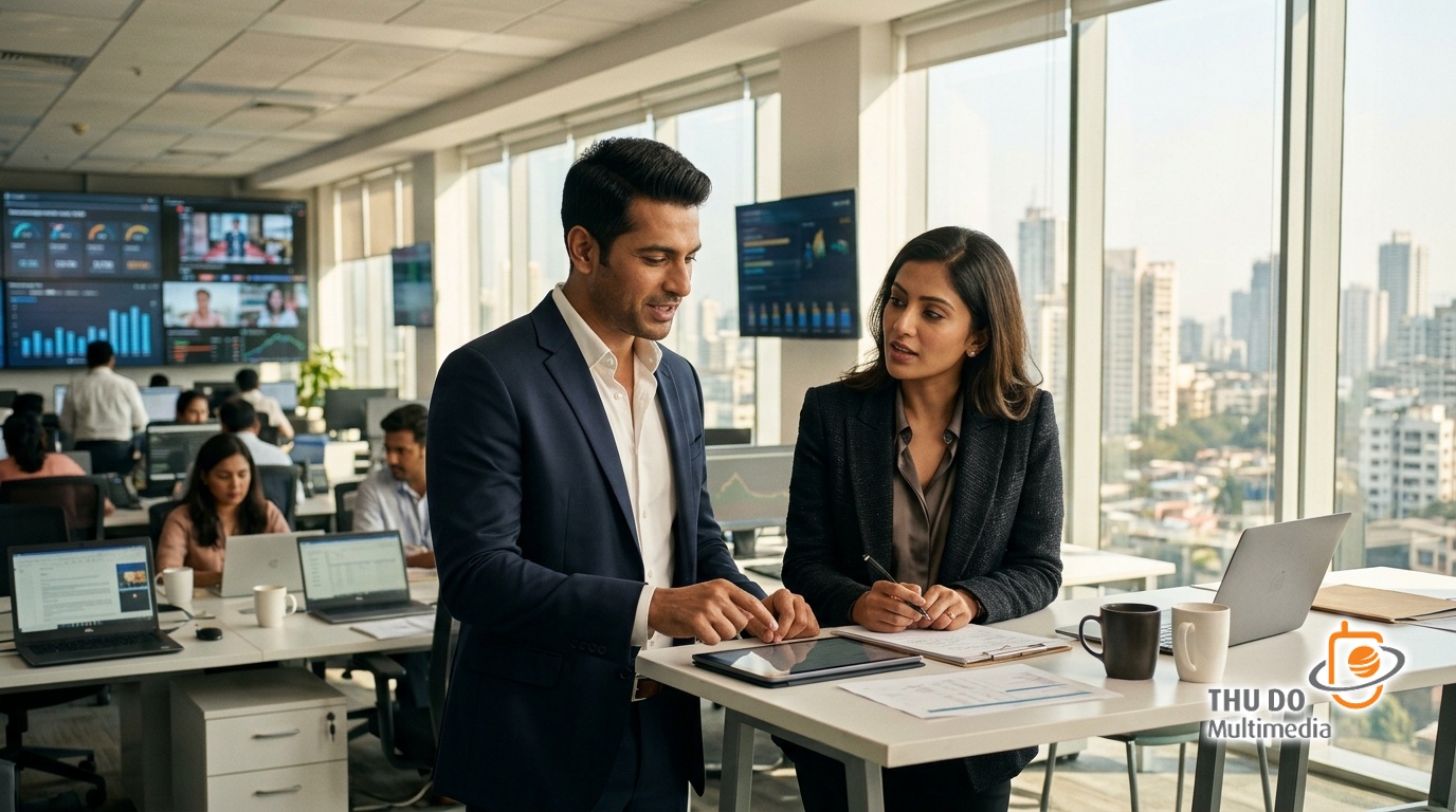 Executive team analyzing streaming metrics in a modern Mumbai media headquarters