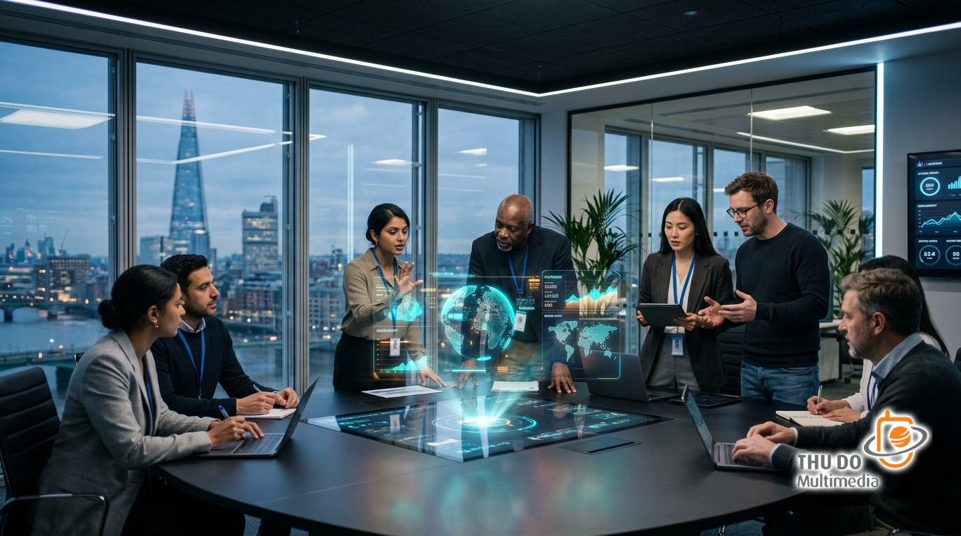 Global media localization experts analyzing multi-lingual video waveforms in a modern control room Global media localization experts analyzing multi-lingual video waveforms in a modern control room