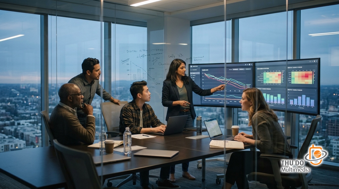 Global tech analysts examining real-time subscriber churn metrics in a modern media command center Global tech analysts examining real-time subscriber churn metrics in a modern media command center
