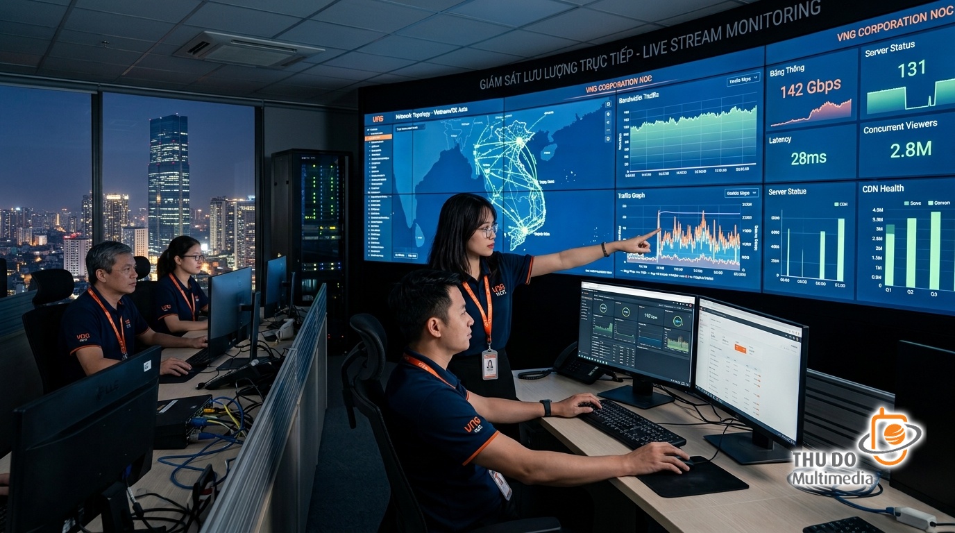 Global tech operations center monitoring real-time live streaming traffic metrics and server loads. Global tech operations center monitoring real-time live streaming traffic metrics and server loads.