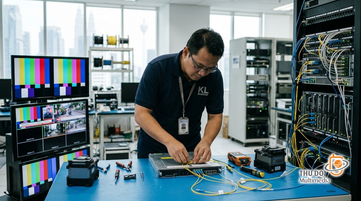 Hardware technician testing real-time video encoding racks and decoder compatibility on a workbench Hardware technician testing real-time video encoding racks and decoder compatibility on a workbench