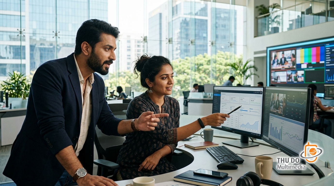 Indian media executives analyzing real-time streaming metrics in a modern Bengaluru tech facility.