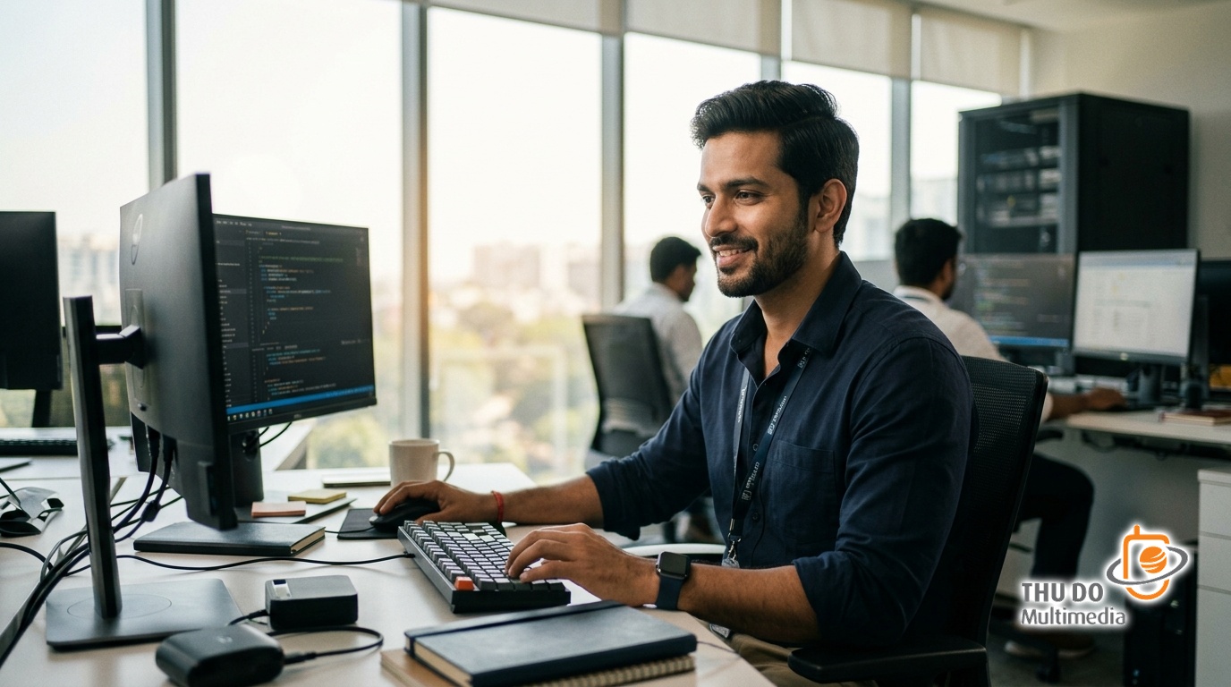 Indian streaming technology engineer optimizing platform monetization workflows in a modern Delhi office.