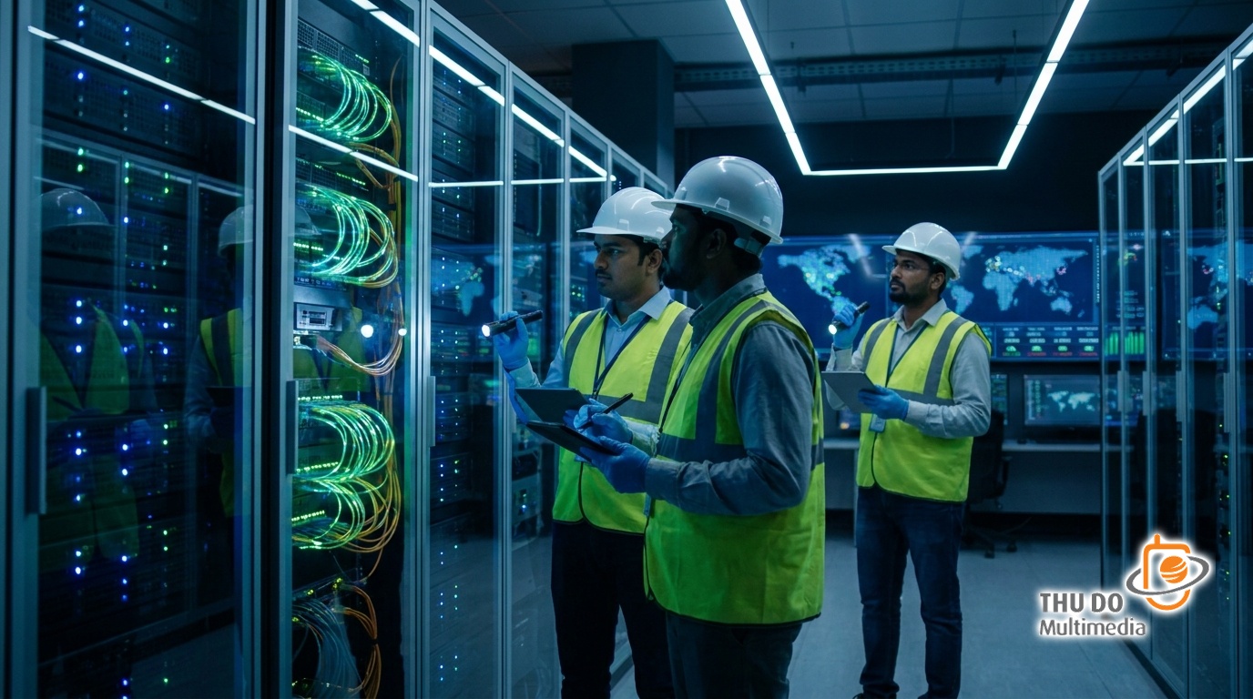 Indian telecom engineers inspecting cutting-edge 5G server racks in a modern data center. Indian telecom engineers inspecting cutting-edge 5G server racks in a modern data center.