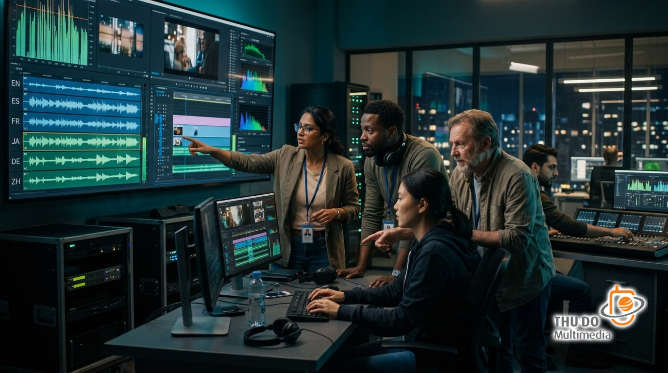 Localization engineers managing AI-driven audio workflows in a modern control room Localization engineers managing AI-driven audio workflows in a modern control room
