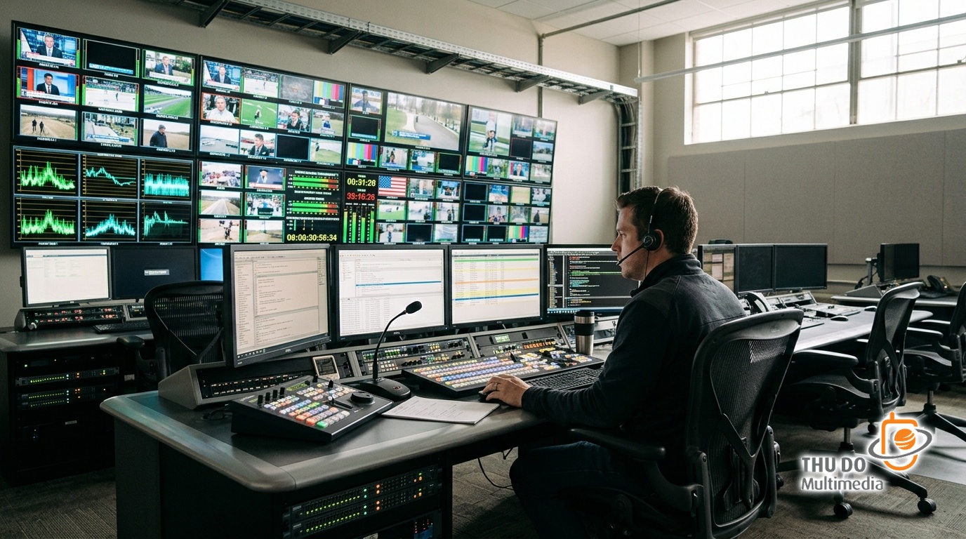 Master Control Room operations center showing multi-viewer video walls and broadcast compliance monitoring consoles. Master Control Room operations center showing multi-viewer video walls and broadcast compliance monitoring consoles.
