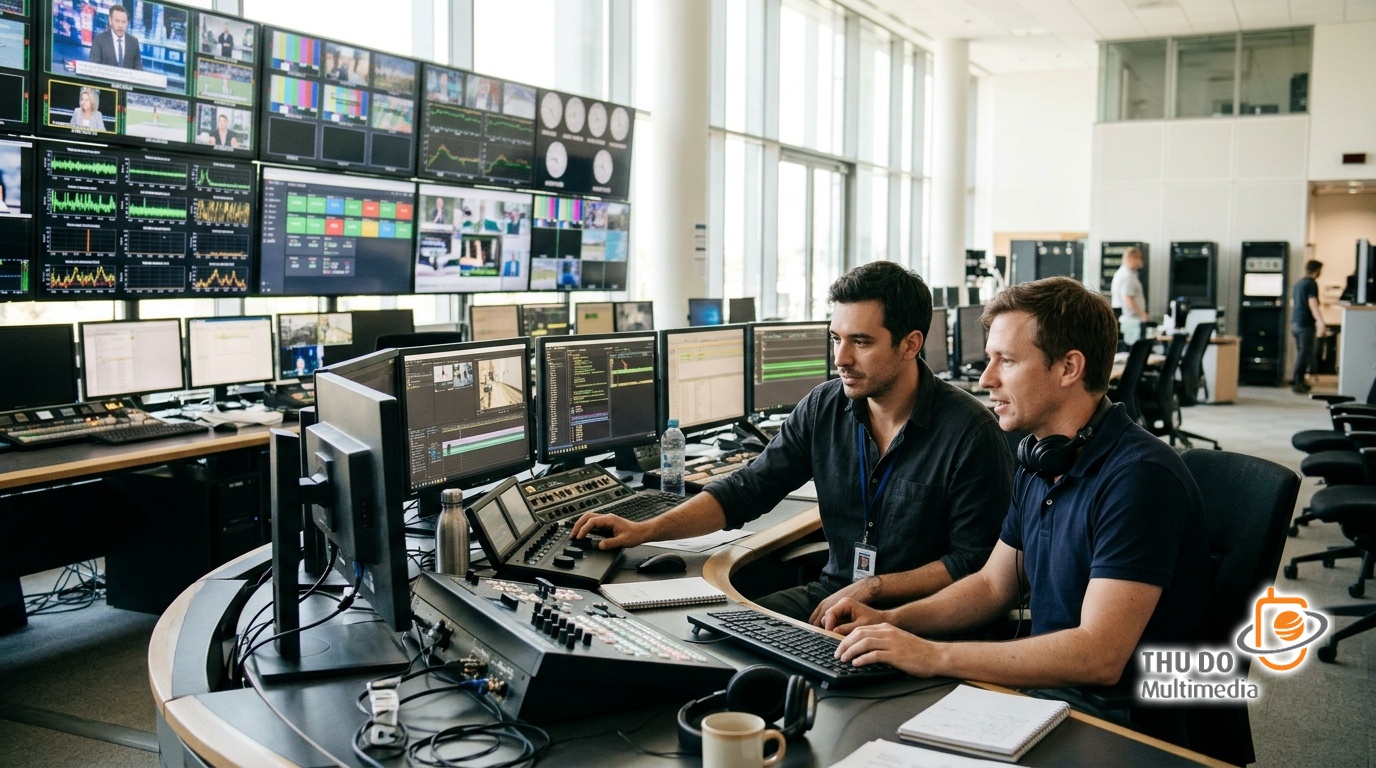 Master Control Room operations featuring multi-viewer monitoring walls and real-time QoS analytics dashboards. Master Control Room operations featuring multi-viewer monitoring walls and real-time QoS analytics dashboards.