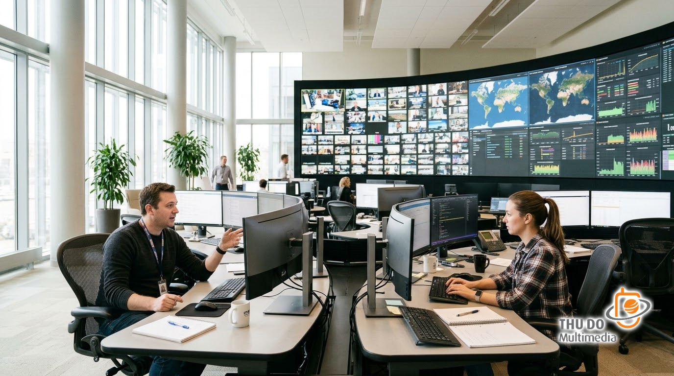 Master Control Room operations featuring real-time stream monitoring and infrastructure telemetry displays. Master Control Room operations featuring real-time stream monitoring and infrastructure telemetry displays.